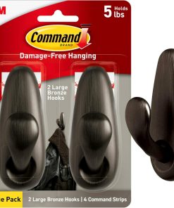 Command 5 lb Large Oil Rubbed Bronze Metal Hooks. 2 Coat Hooks and 4 Strips. Damage-Free Hanging with Adhesive. Forever Classic Great for Hanging Home and Room Decor